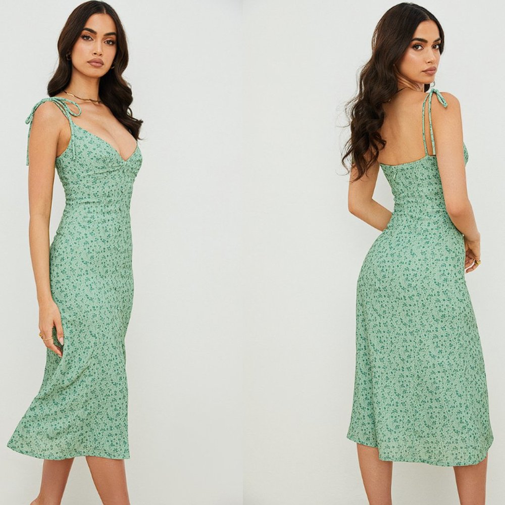 HOUSE OF CB 'Cornelia' Green Tonal Floral Midi Dress NWOT - Picture 5 of 11